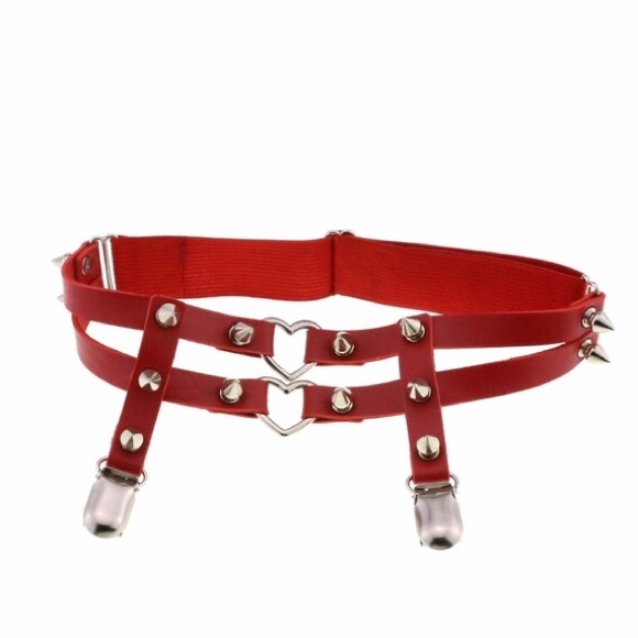 Double Belt Leg Chain with Spike Heart High Quality Elastic Garter - Picture 4 of 7